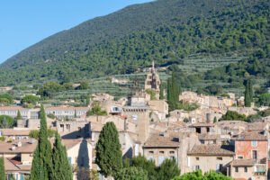 Vue panoramique sur Nyons, charmant village de la Drôme provençale, entouré de collines verdoyantes et d'oliveraies.