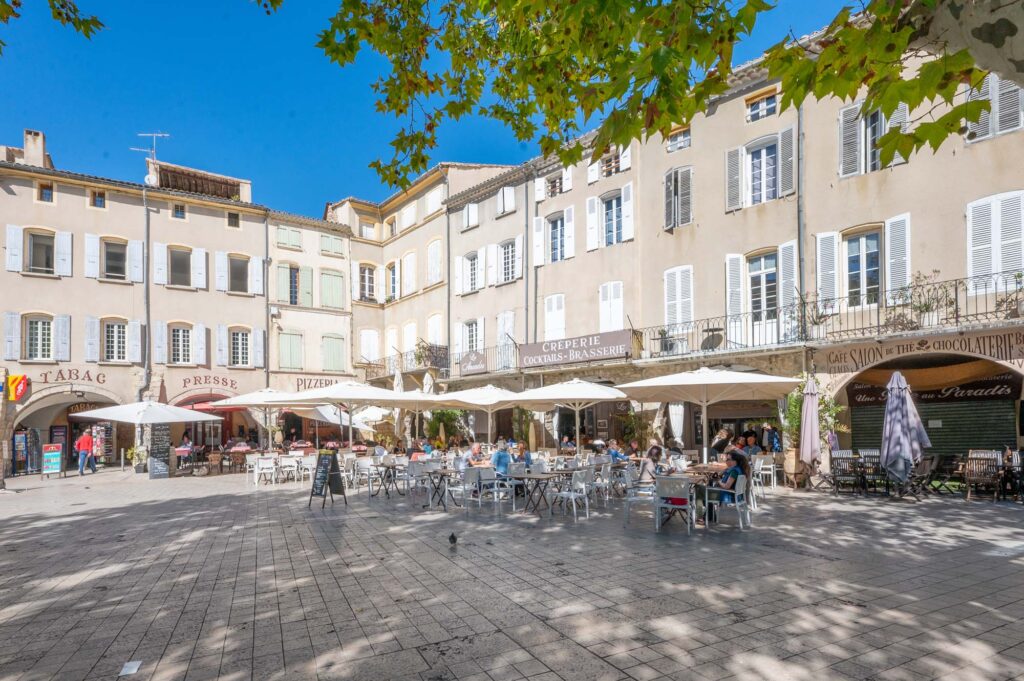 Gezellig plein in Nyons met sfeervolle terrasjes en restaurants onder de platanen, waar bezoekers genieten van de Provençaalse keuken.