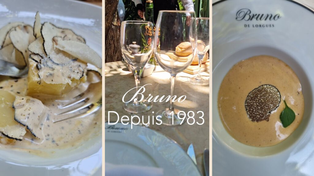 Fine dining at Restaurant Bruno in Lorgues, Provence – truffle dishes and elegant table setting under the plane trees.