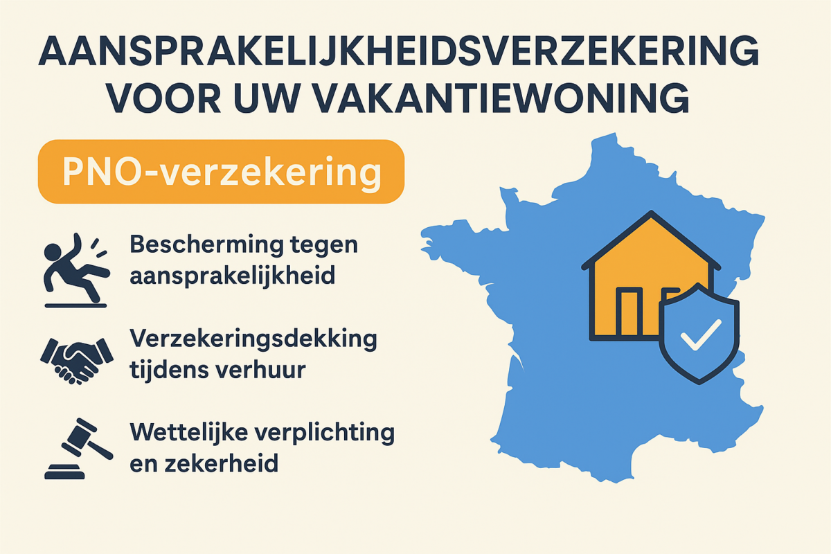 Infographic over de PNO-verzekering voor vakantiewoningen in Frankrijk, met pictogrammen en kaart van Frankrijk.