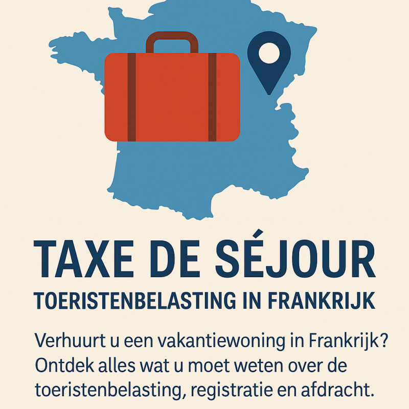 Infographic over de Franse toeristenbelasting (taxe de séjour) voor verhuurders, met kaart van Frankrijk en pictogrammen.