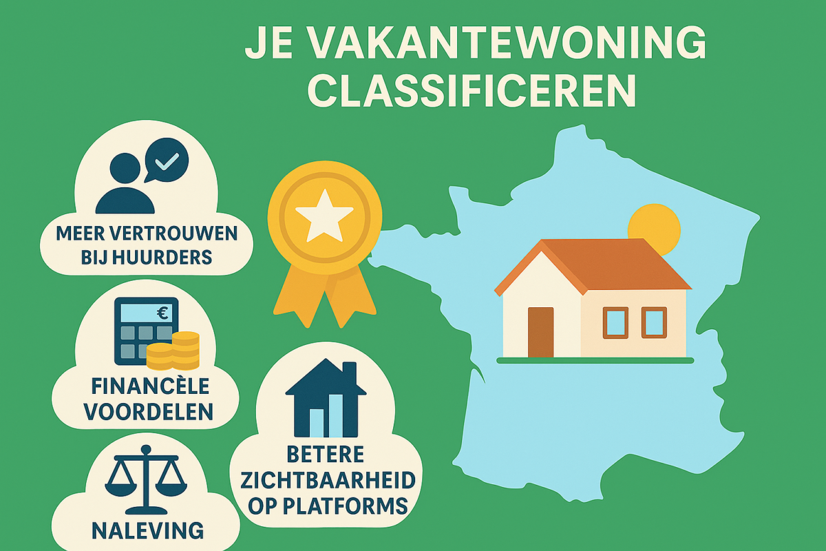 Infographic over het classificeren van een vakantiewoning in Frankrijk, met iconen voor vertrouwen, financiële voordelen, naleving en platformzichtbaarheid.