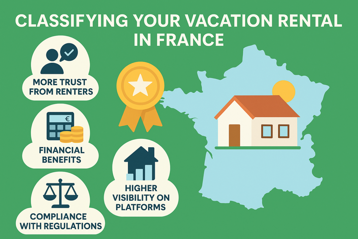 Infographic about classifying a holiday home in France, with icons for trust, financial benefits, compliance and platform visibility.